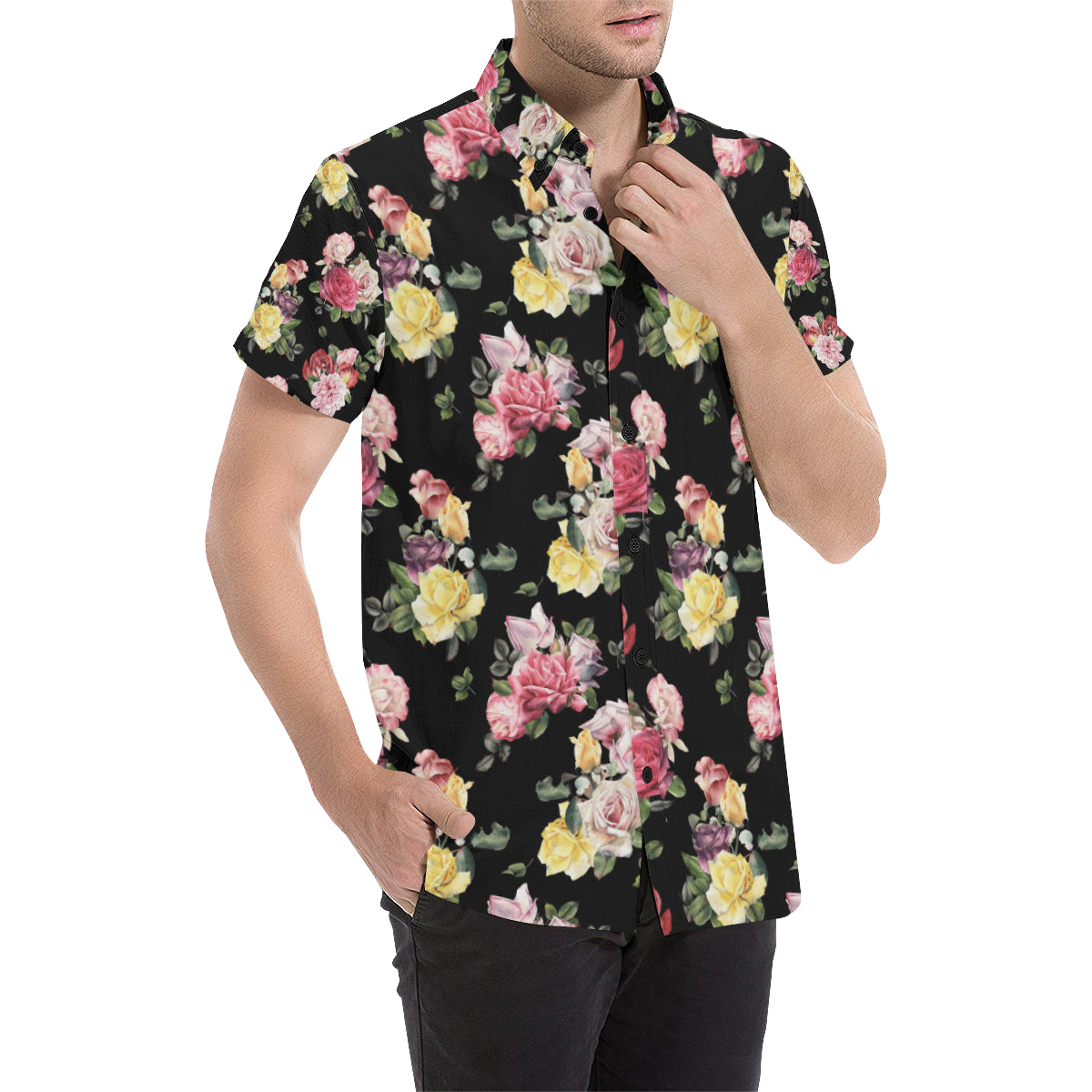 Rose Pattern Print Design RO010 Men's Short Sleeve Button Up Shirt
