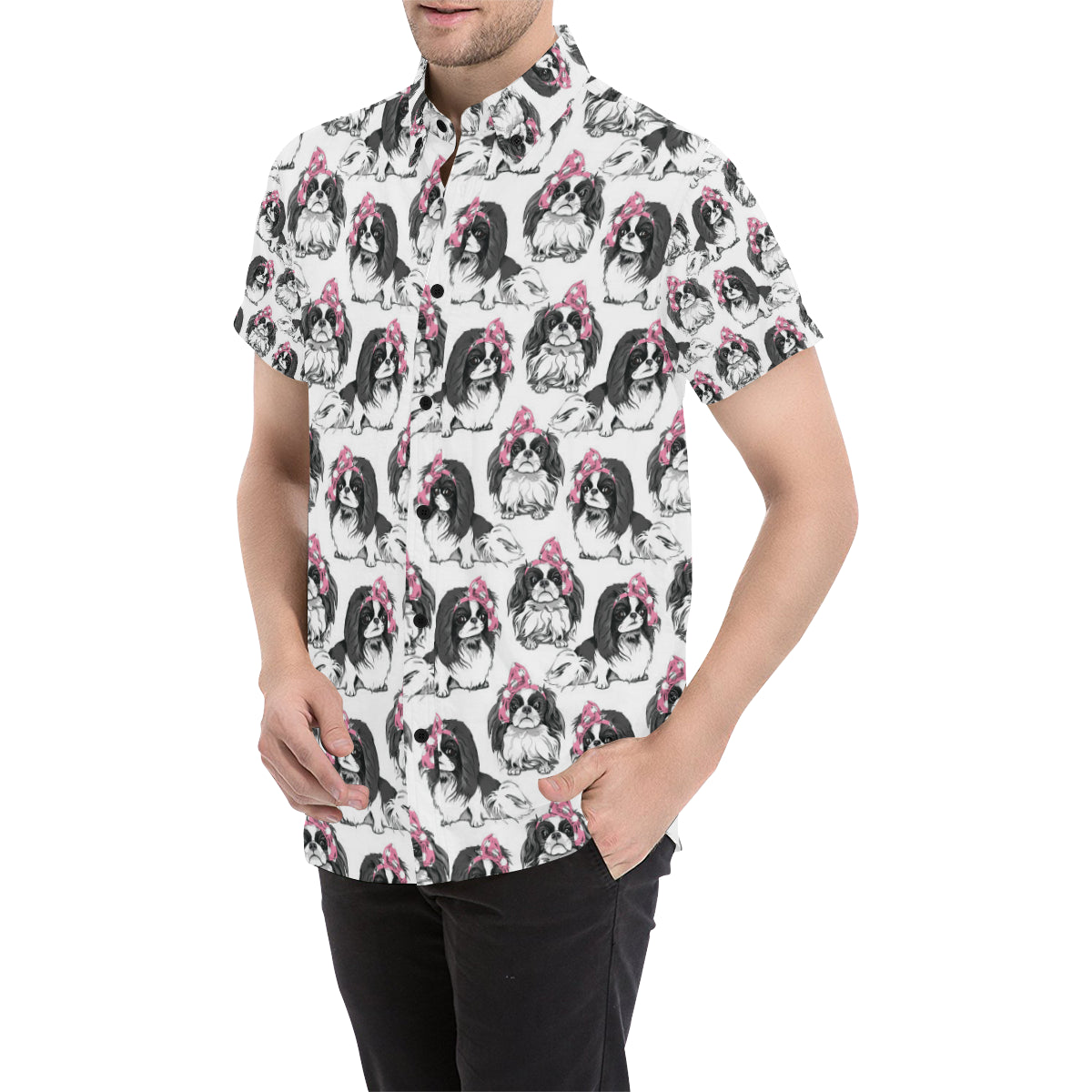 Japanese Chin Pattern Print Design 01 Men's Short Sleeve Button Up Shirt