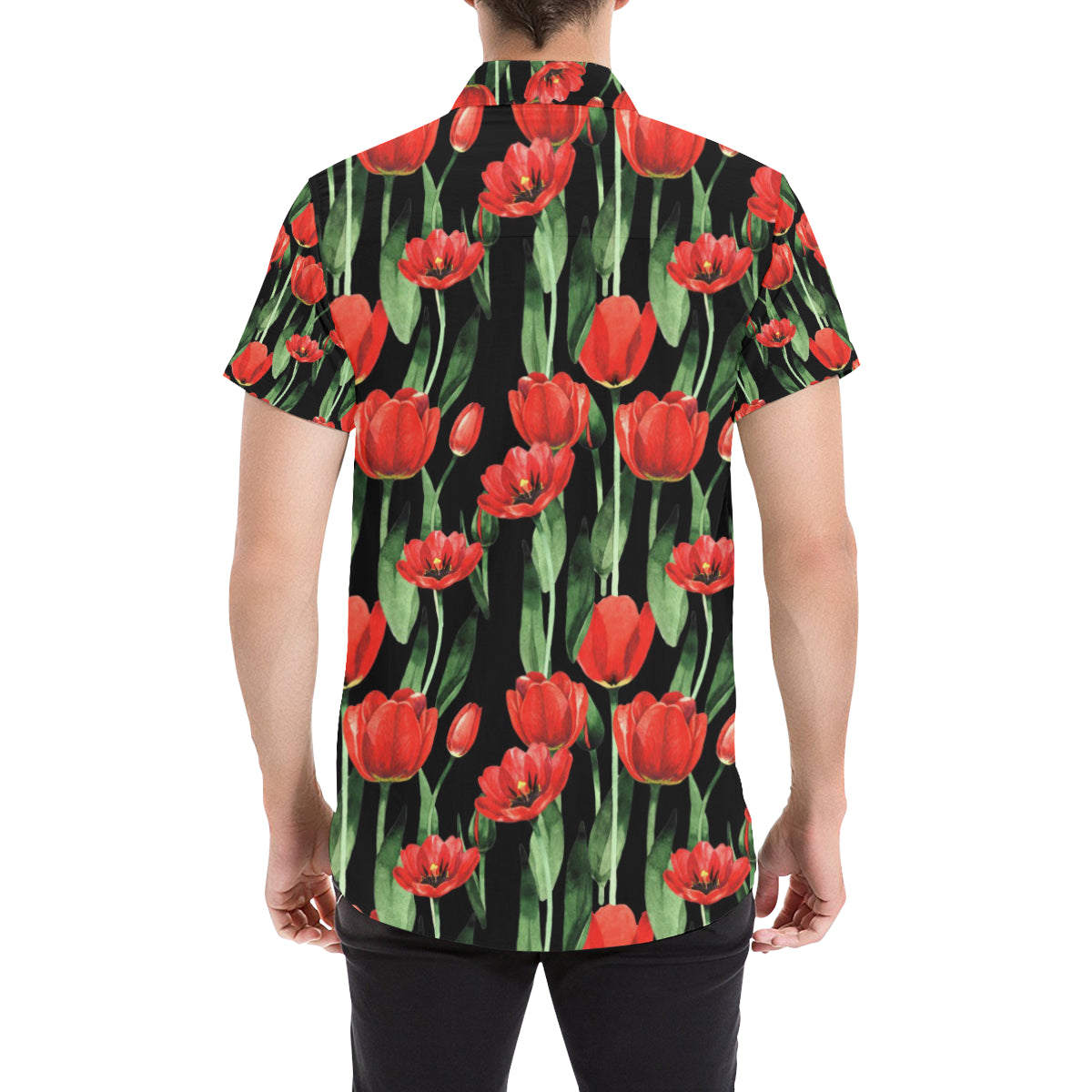 Tulip Red Pattern Print Design TP03 Men's Short Sleeve Button Up Shirt