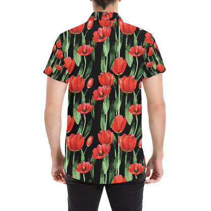 Tulip Red Pattern Print Design TP03 Men's Short Sleeve Button Up Shirt