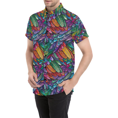 Feather Multicolor Design Print Men's Short Sleeve Button Up Shirt