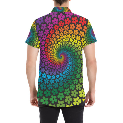 Flower Power Rainbow Spiral Print Men's Short Sleeve Button Up Shirt