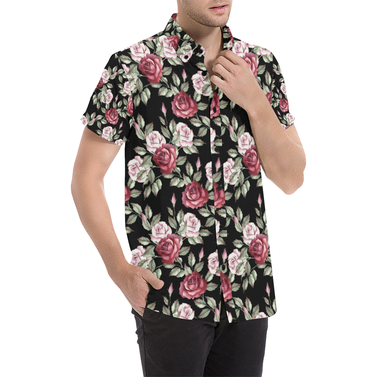 Rose Red Pink Pattern Print Design RO03 Men's Short Sleeve Button Up Shirt