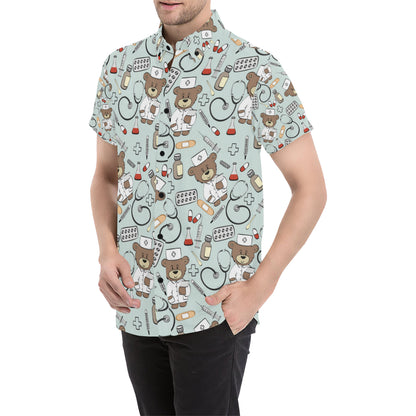 Nurse Bear Pattern Print Design A01 Men's Short Sleeve Button Up Shirt