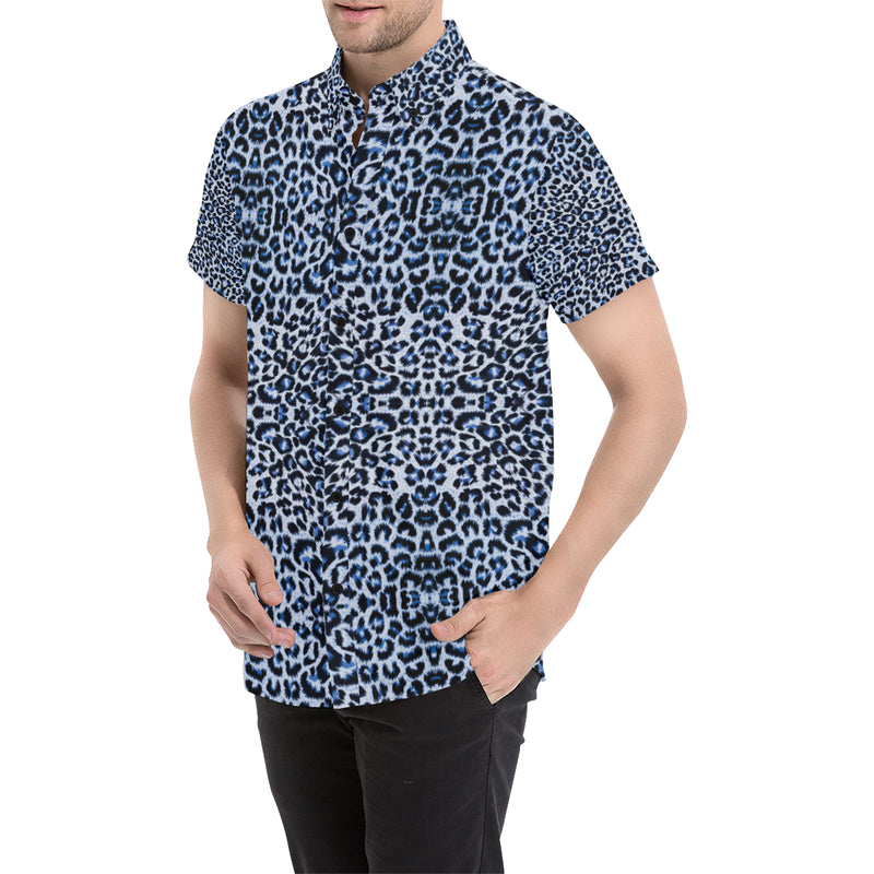 Leopard Blue Skin Print Men's Short Sleeve Button Up Shirt