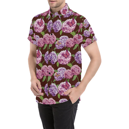 Hydrangea Pattern Print Design HD08 Men's Short Sleeve Button Up Shirt