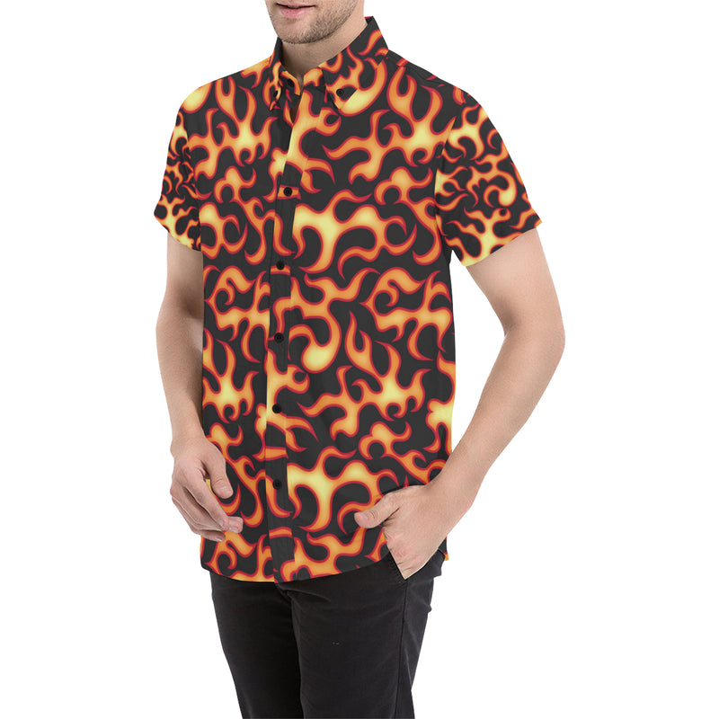 Flame Fire Themed Print Men's Short Sleeve Button Up Shirt