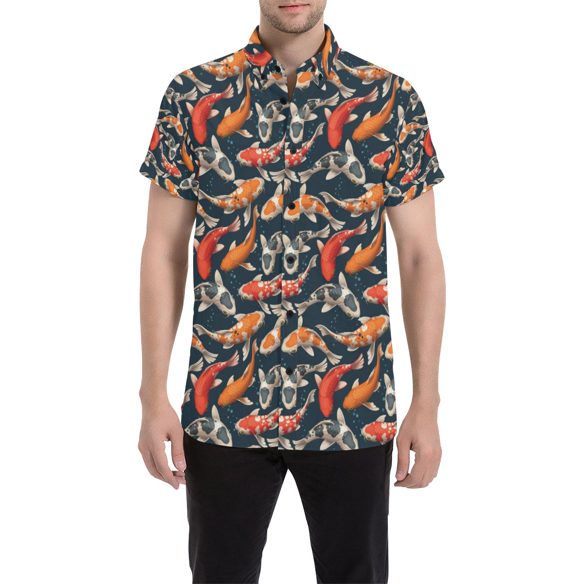 Koi Carp Cute Design Themed Print Men's Short Sleeve Button Up Shirt