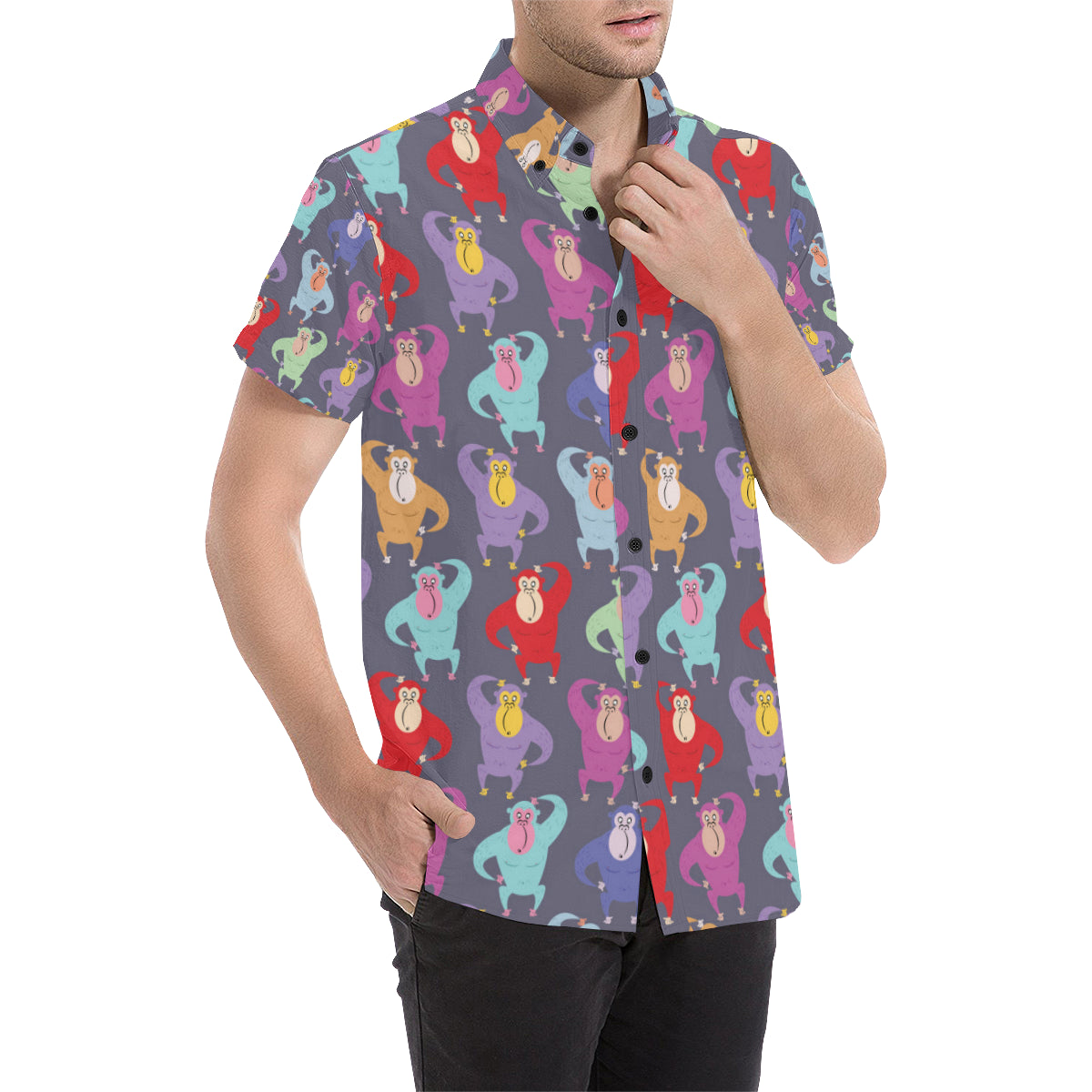 Chimpanzee Pattern Print Design 03 Men's Short Sleeve Button Up Shirt ...