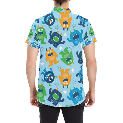 Monster Cartoon Pattern Print Design 04 Men's Short Sleeve Button Up Shirt