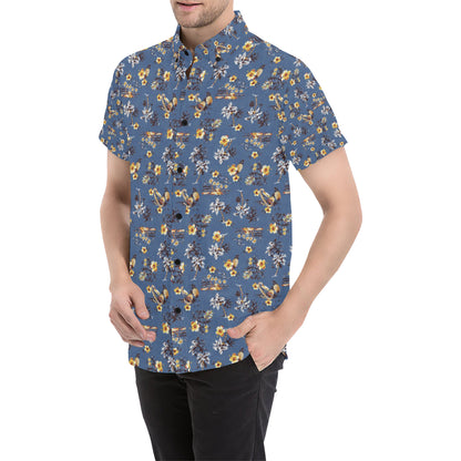 Hawaiian Flower Blue Print Men's Short Sleeve Button Up Shirt