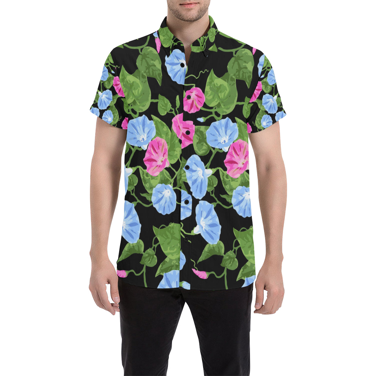 Morning Glory Pattern Print Design MG04 Men's Short Sleeve Button Up Shirt