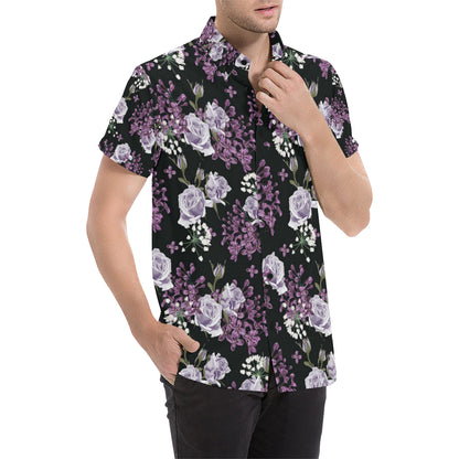 Lilac Pattern Print Design LI04 Men's Short Sleeve Button Up Shirt