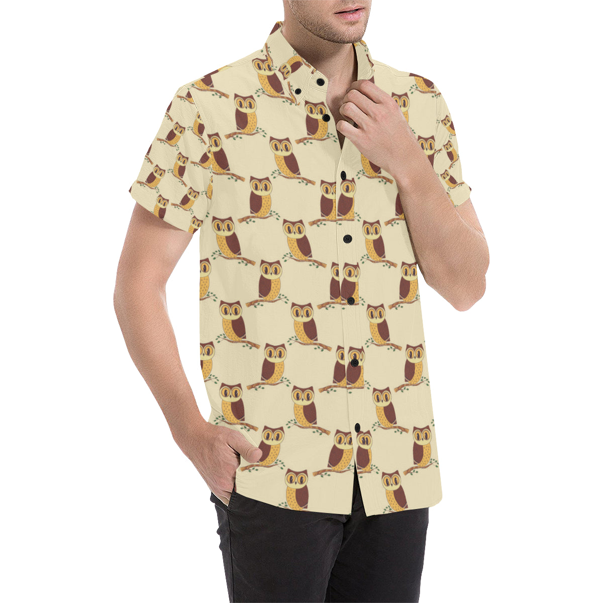 Owl Pattern Print Design A07 Men's Short Sleeve Button Up Shirt