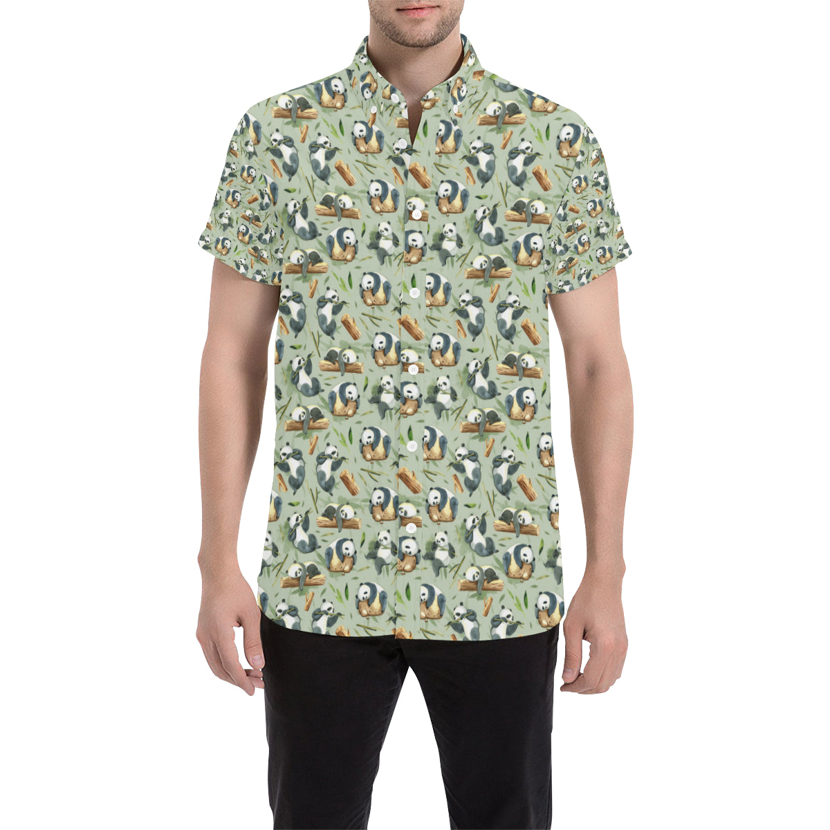 Panda Bear Design Bamboo Print Men's Short Sleeve Button Up Shirt