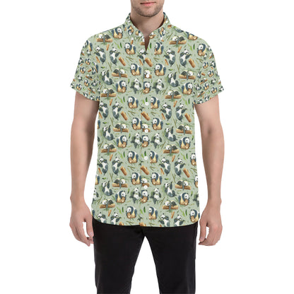 Panda Bear Design Bamboo Print Men's Short Sleeve Button Up Shirt