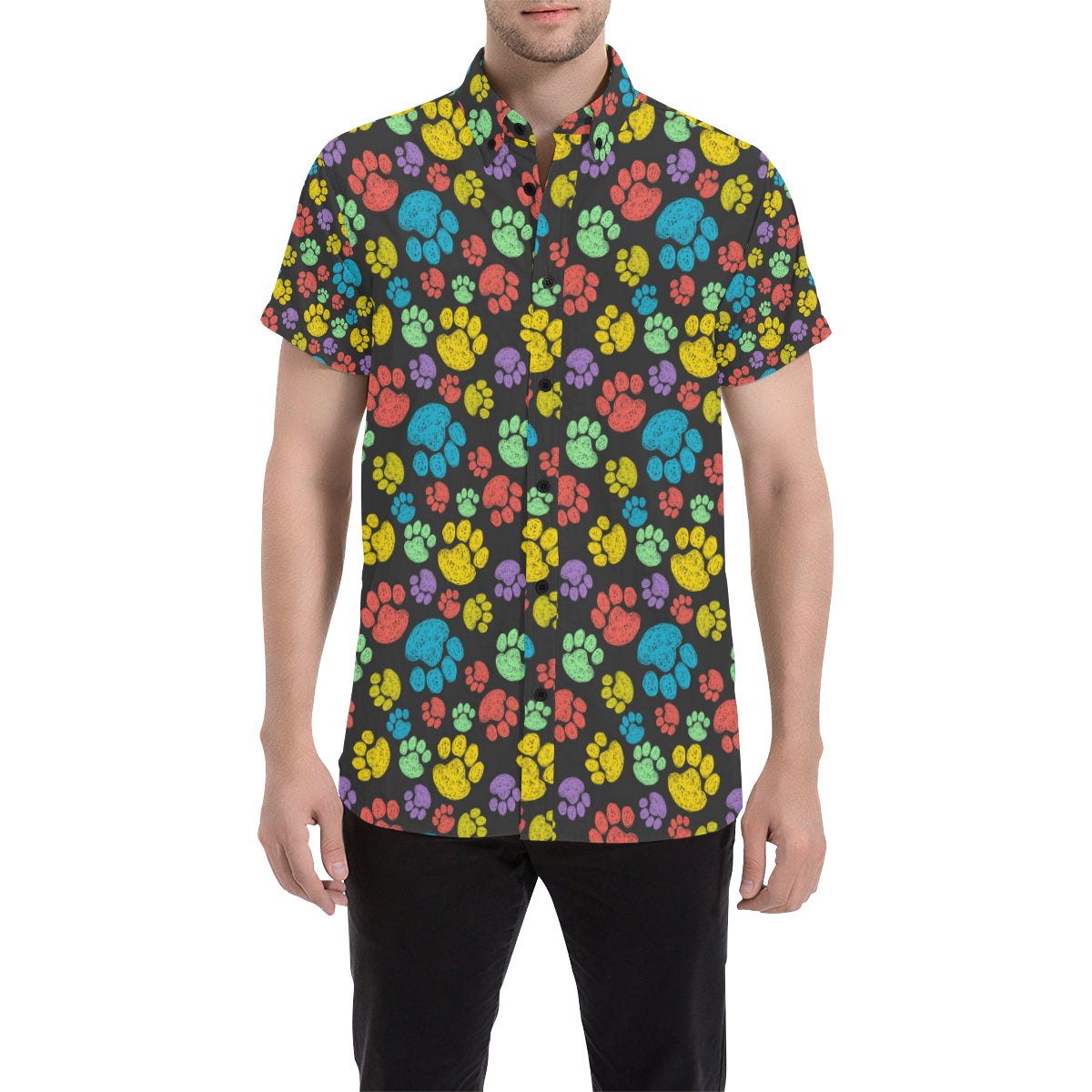 Paw Colorful Print Men's Short Sleeve Button Up Shirt