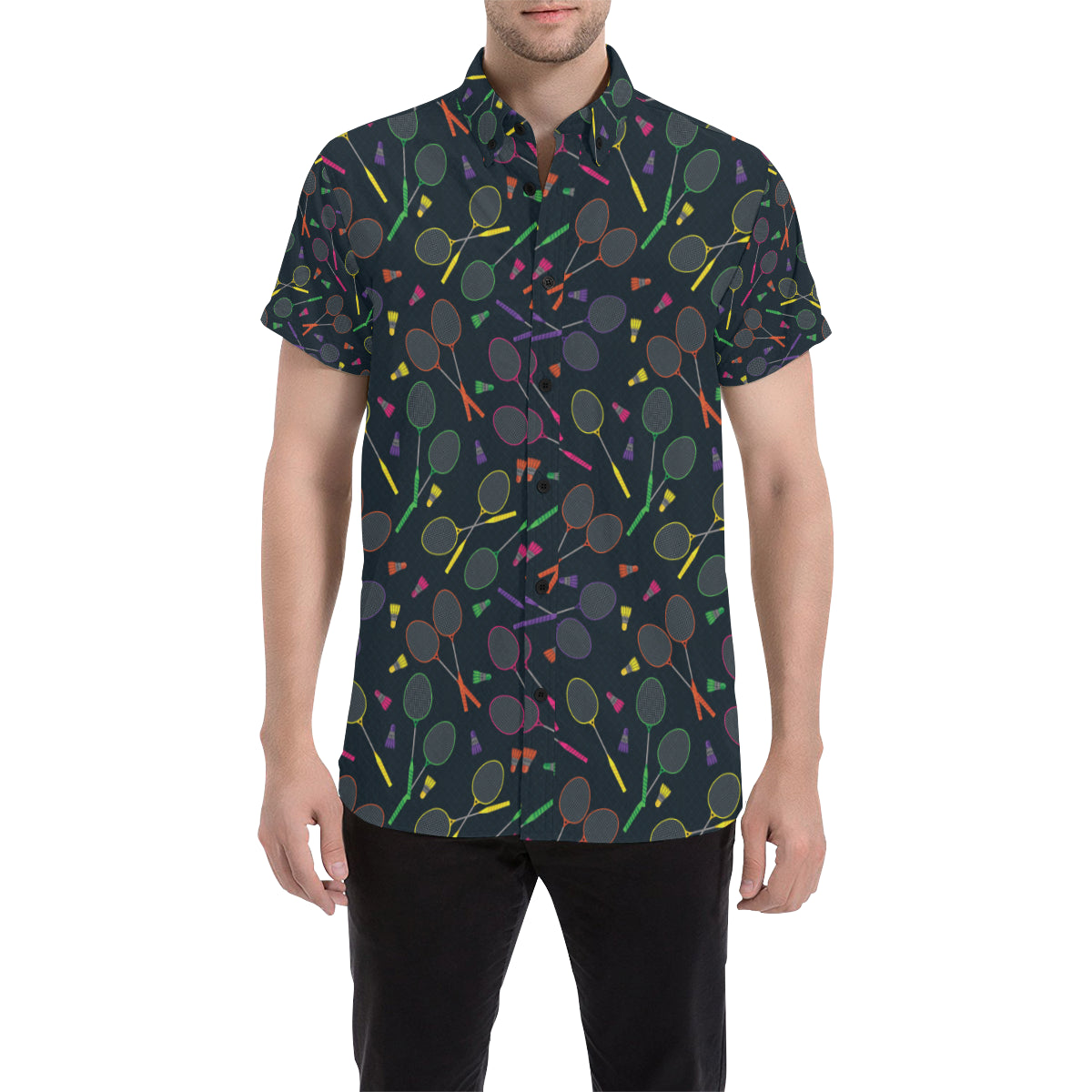 Badminton Pattern Print Design 04 Men's Short Sleeve Button Up Shirt