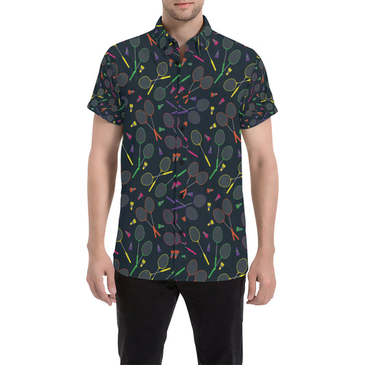 Badminton Pattern Print Design 04 Men's Short Sleeve Button Up Shirt