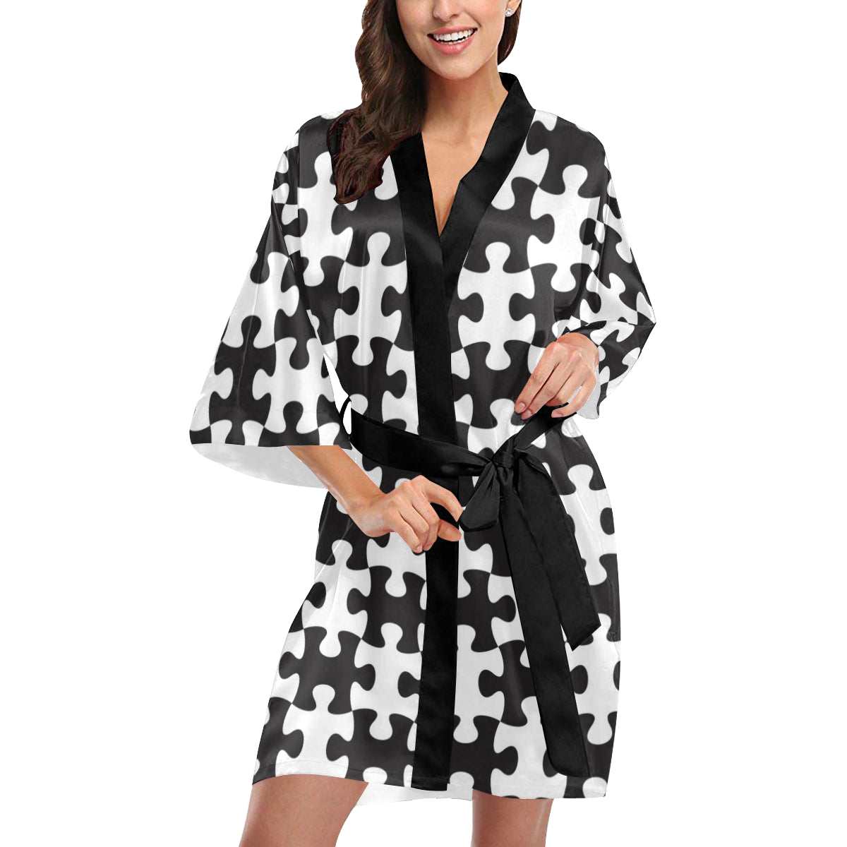 Puzzle Black White Pattern Print Design A02 Women's Short Kimono
