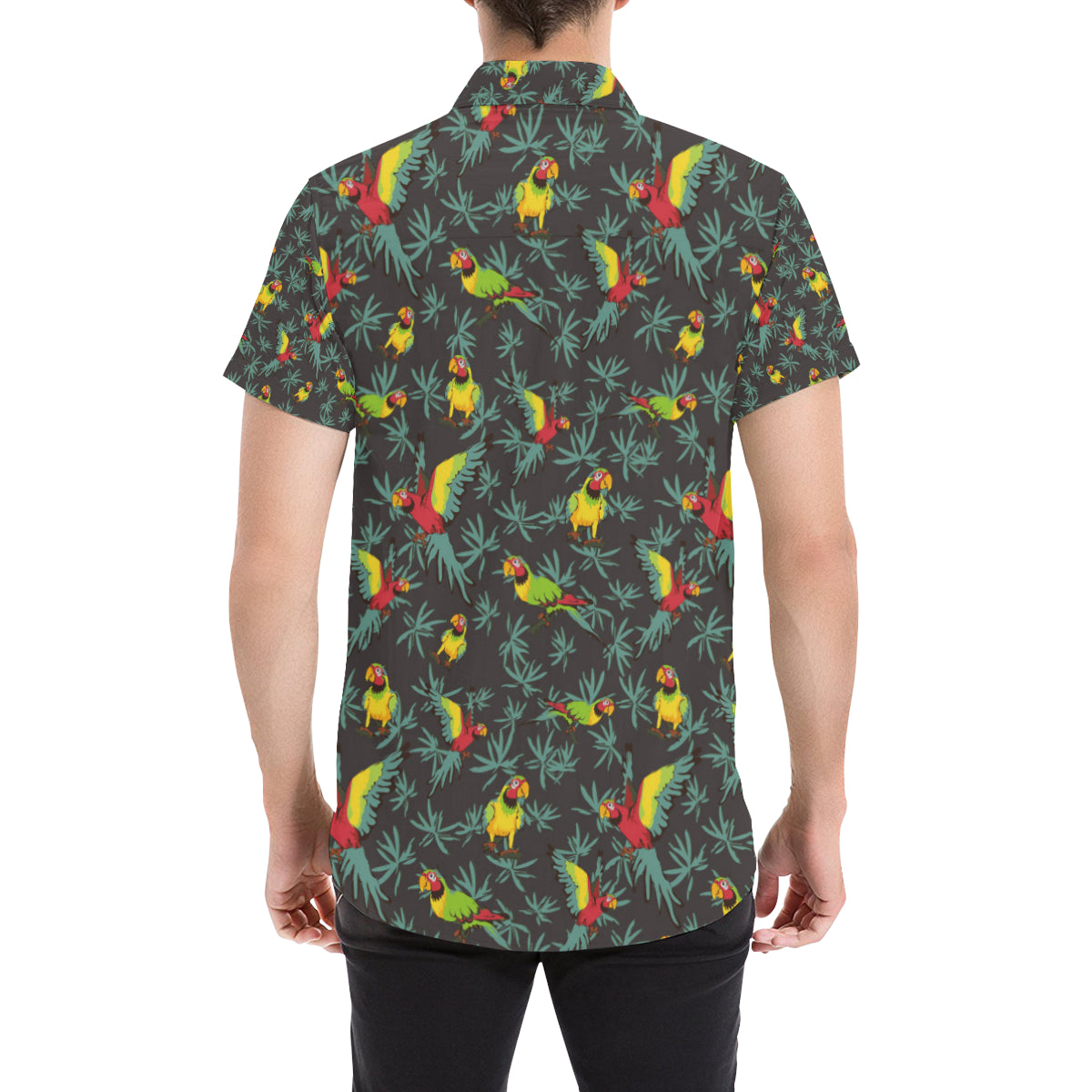 Parrot Themed Print Men's Short Sleeve Button Up Shirt
