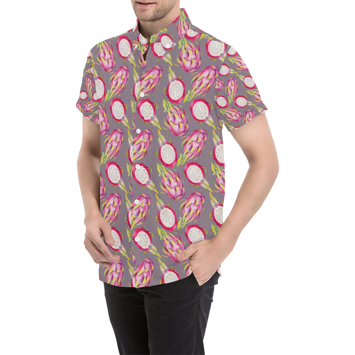 Dragonfruit Pattern Print Design DF03 Men's Short Sleeve Button Up Shirt