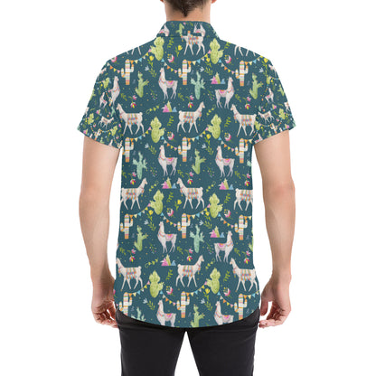 Llama with Cactus Design Print Men's Short Sleeve Button Up Shirt
