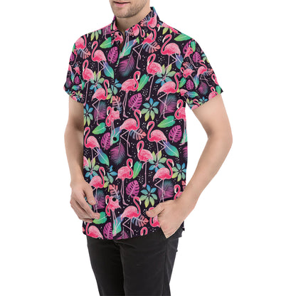 Flamingo Tropical leaves Neon Print Men's Short Sleeve Button Up Shirt