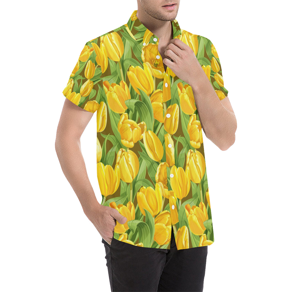 Tulip Yellow Pattern Print Design TP010 Men's Short Sleeve Button Up Shirt