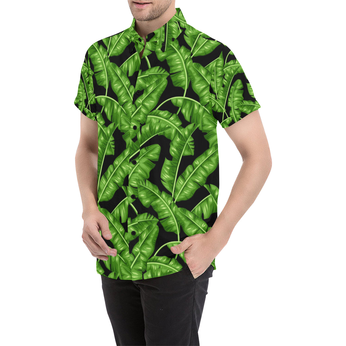 Banana Leaf Pattern Print Design BL01 Men's Short Sleeve Button Up Shirt