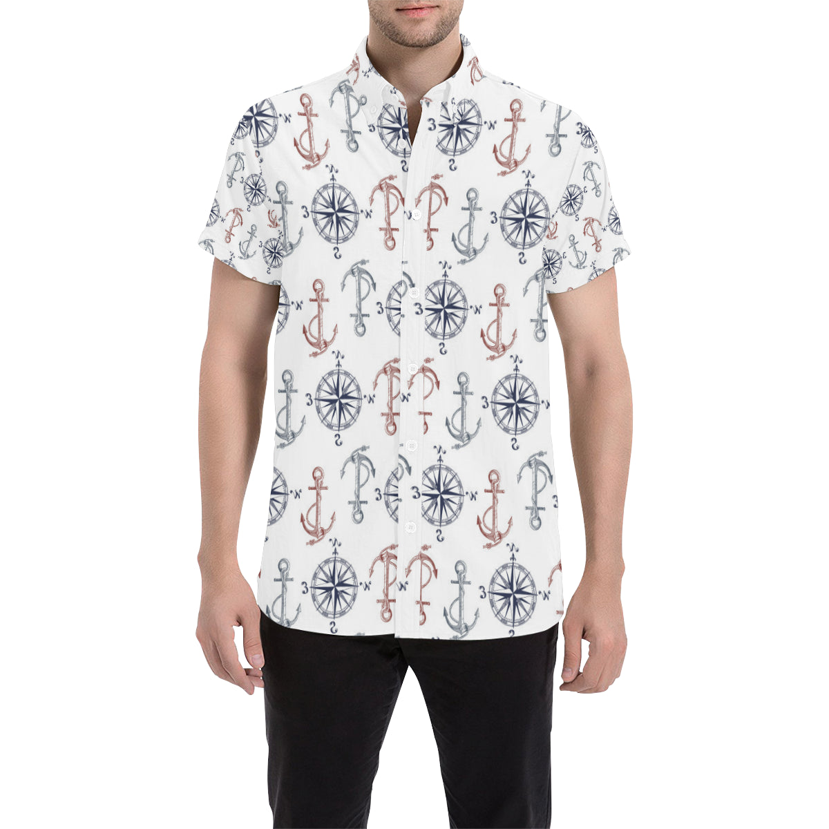 Anchor Pattern Print Design 06 Men's Short Sleeve Button Up Shirt