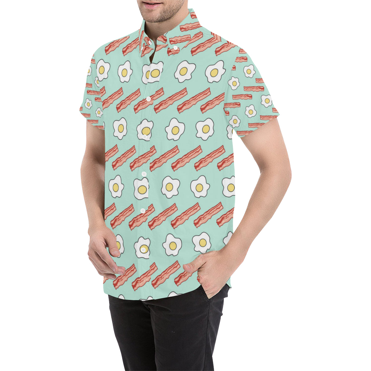 Bacon Sausage Pattern Print Design 01 Men's Short Sleeve Button Up Shirt