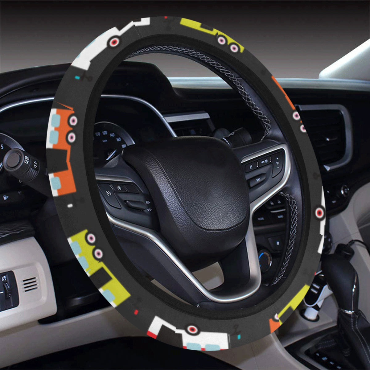 Camper Caravan Pattern Steering Wheel Cover with Elastic Edge