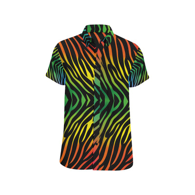 Rainbow Zebra Themed Print Men's Short Sleeve Button Up Shirt