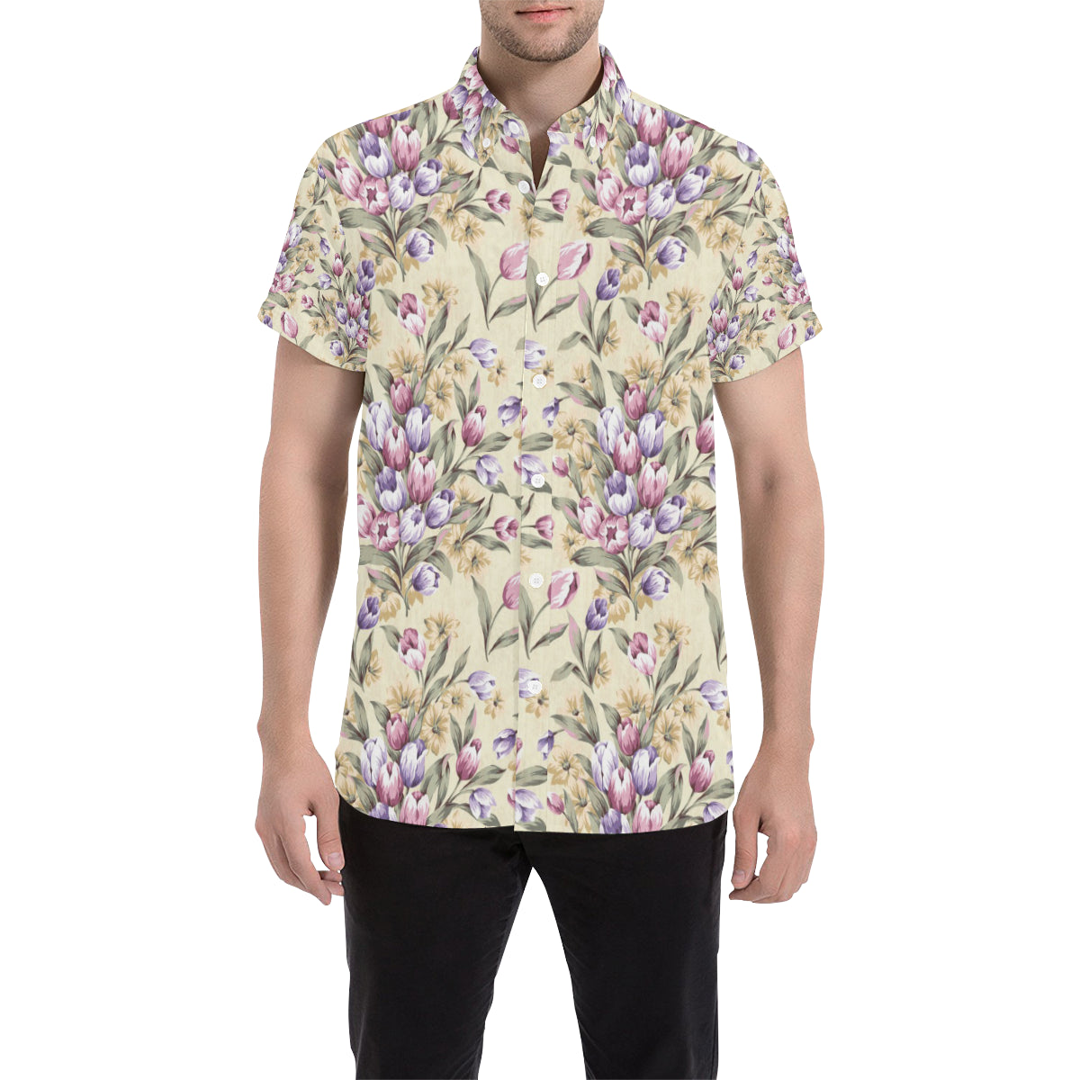 Tulip Pattern Print Design TP04 Men's Short Sleeve Button Up Shirt