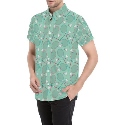 Badminton Pattern Print Design 05 Men's Short Sleeve Button Up Shirt
