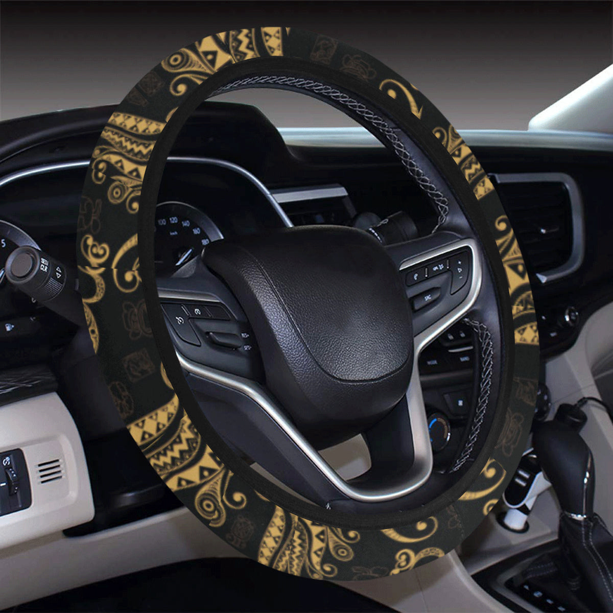 Owl Tribal Polynesian Design Print Steering Wheel Cover with Elastic Edge