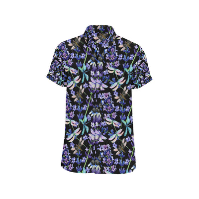 Lavender Dragonfly Pattern Print Design LV03 Men's Short Sleeve Button Up Shirt