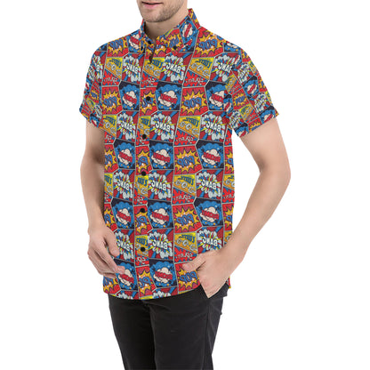 Comic Book Pattern Print Design 03 Men's Short Sleeve Button Up Shirt