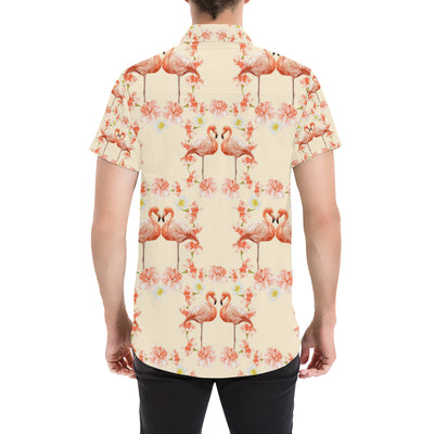 Flamingo Hibiscus Print Pattern Men's Short Sleeve Button Up Shirt