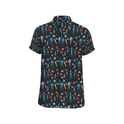 Jellyfish Underwater Print Men's Short Sleeve Button Up Shirt
