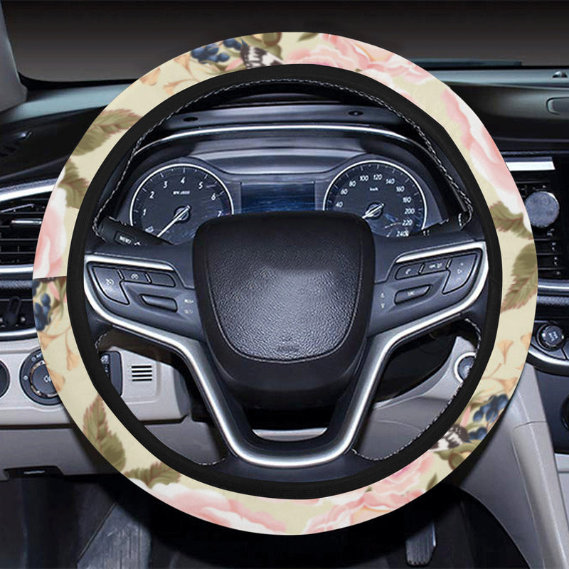 Floral Pink Butterfly Print Steering Wheel Cover with Elastic Edge