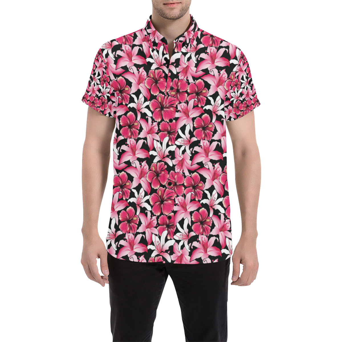 Flower Hawaiian Pink Red  Hibiscus Print Men's Short Sleeve Button Up Shirt