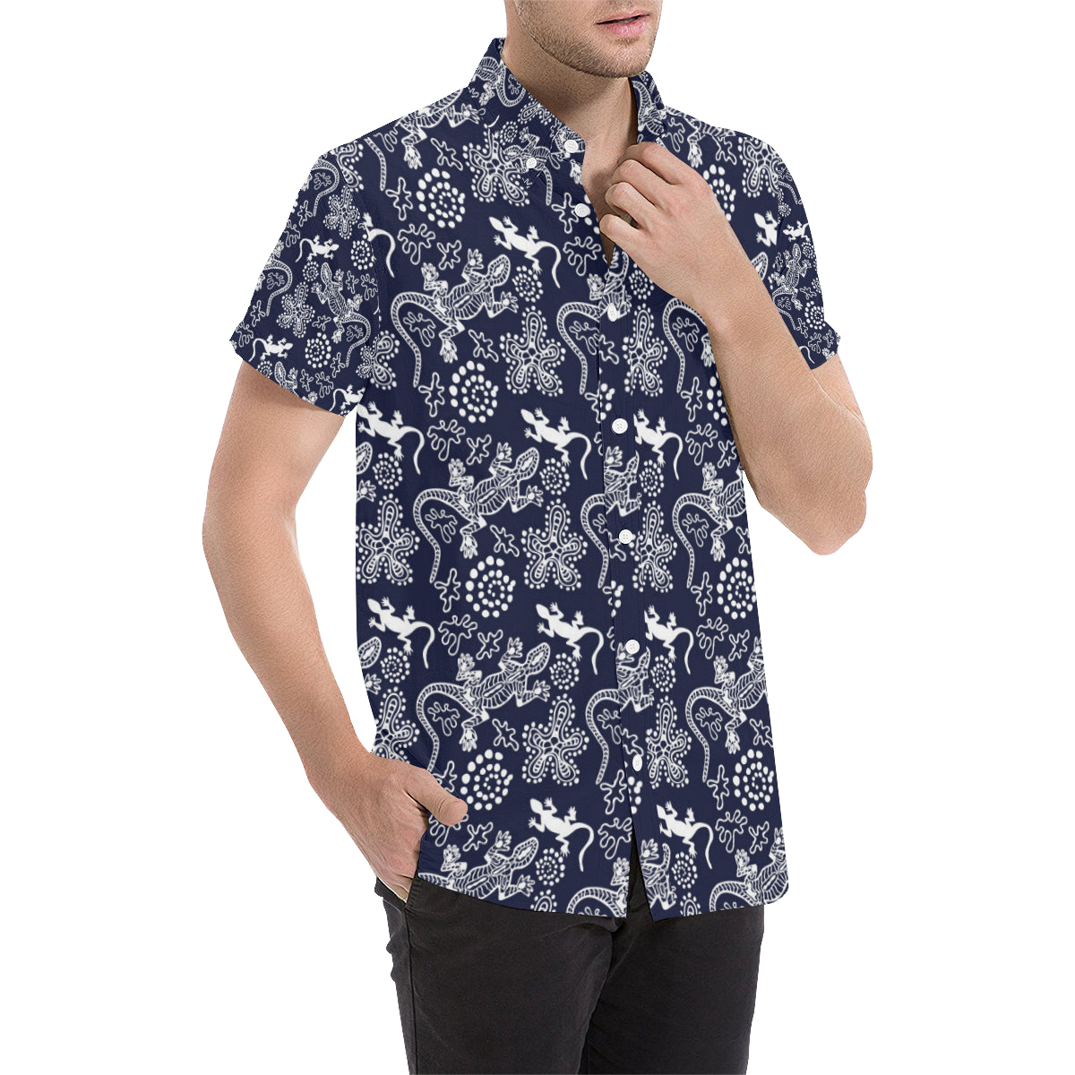 lizard Pattern Print Design 03 Men's Short Sleeve Button Up Shirt
