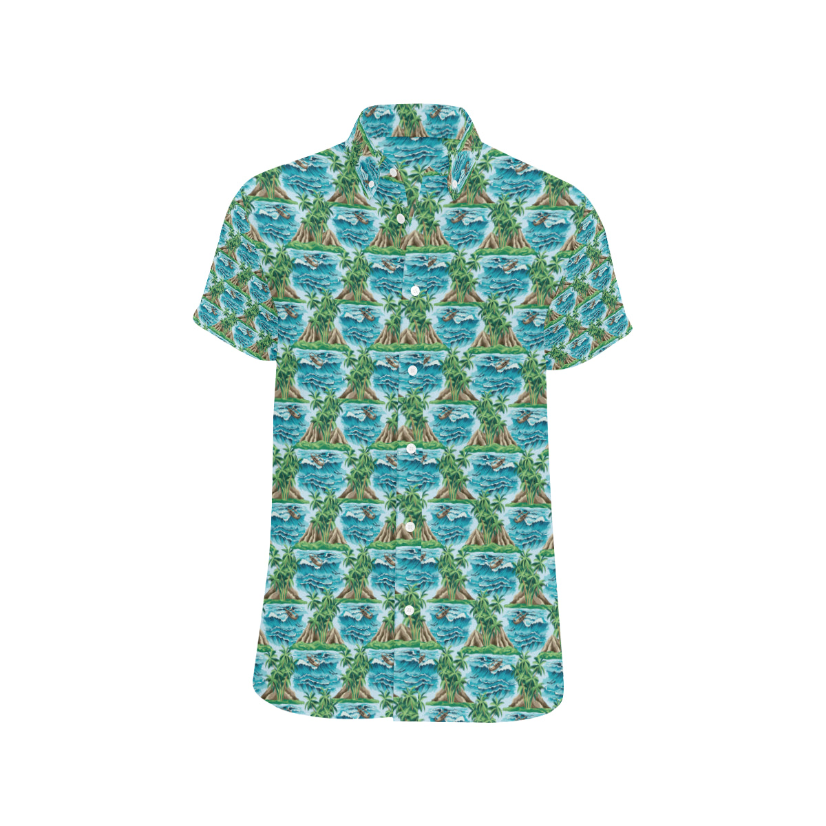 Palm Tree Hawaiian Themed Design Print Men's Short Sleeve Button Up Shirt