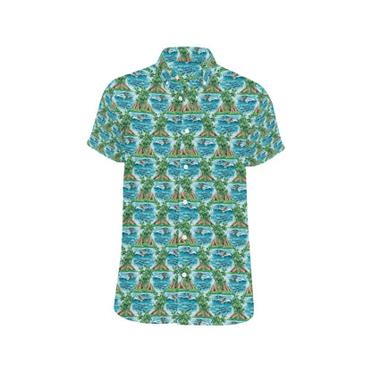 Palm Tree Hawaiian Themed Design Print Men's Short Sleeve Button Up Shirt