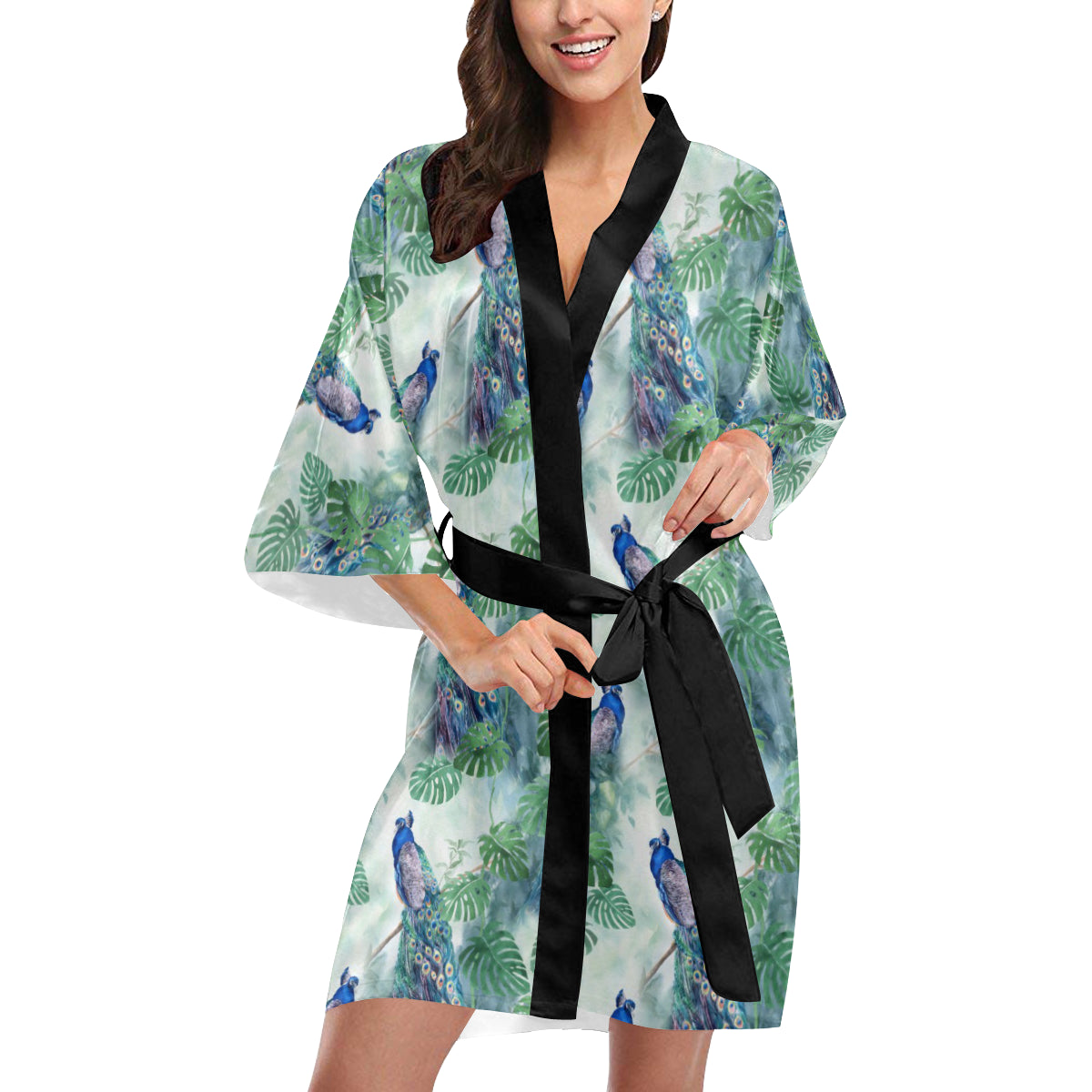 Peacock Pattern Print Design A02 Women's Short Kimono