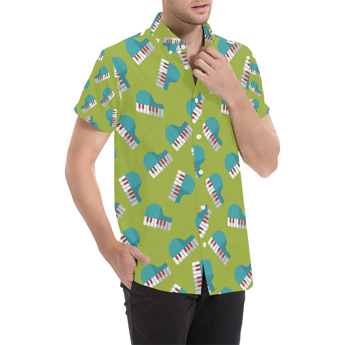 Piano Pattern Print Design 03 Men's Short Sleeve Button Up Shirt