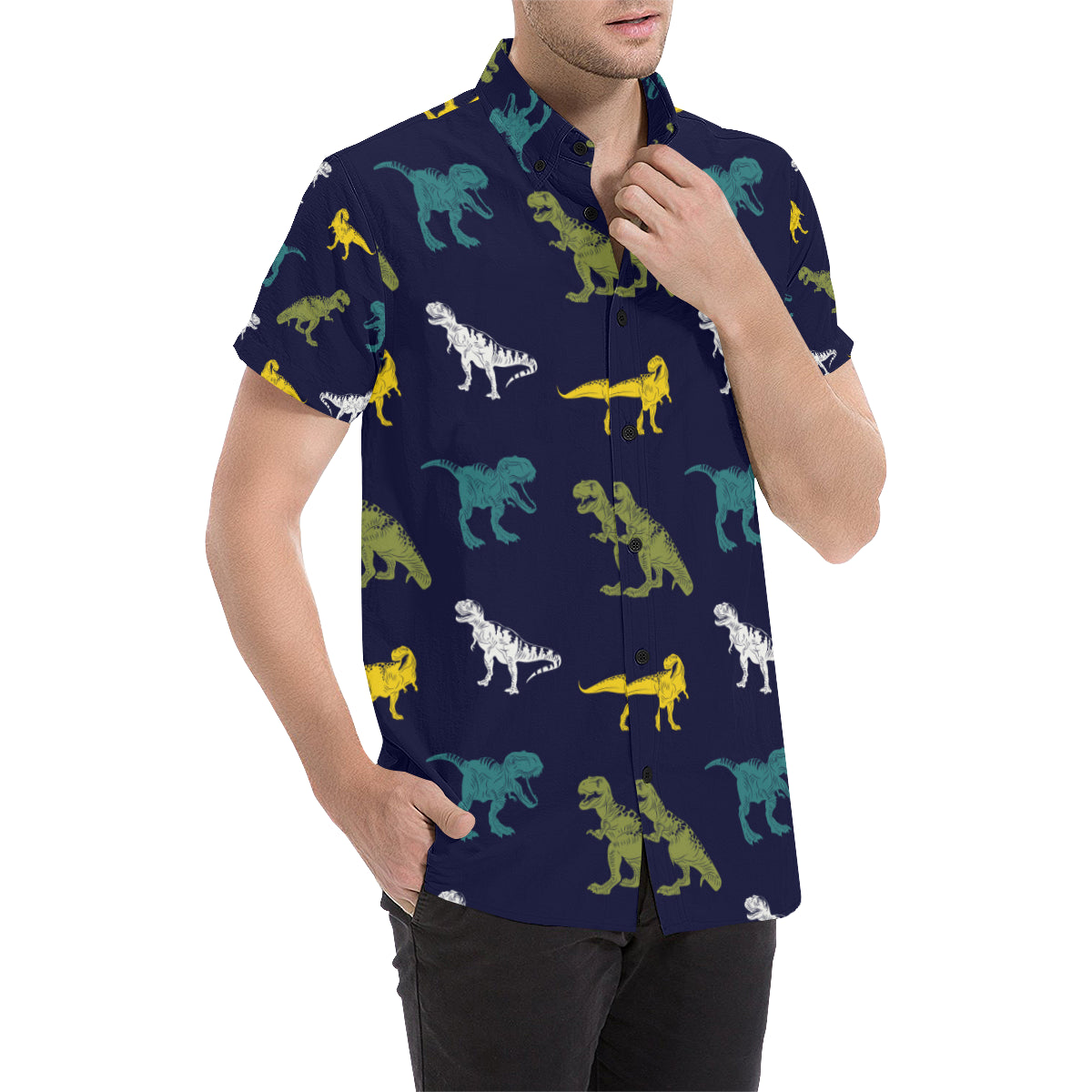 T Rex Pattern Print Design A07 Men's Short Sleeve Button Up Shirt