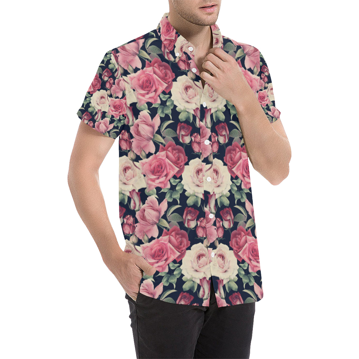 Rose Pattern Print Design RO05 Men's Short Sleeve Button Up Shirt